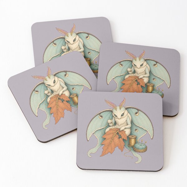 Item preview, Luna Moth Mending an Autumn Leaf with Golden Thread designed and sold by Tender Oddities Studio.