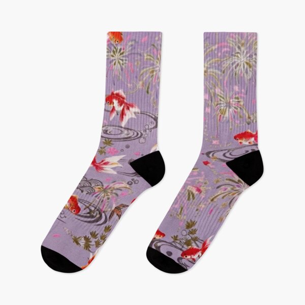 Item preview, Lavender Purple Japanese Goldfish, Fireworks and Ripples - Traditional Yukata Pattern designed and sold by Kokeshidreams.