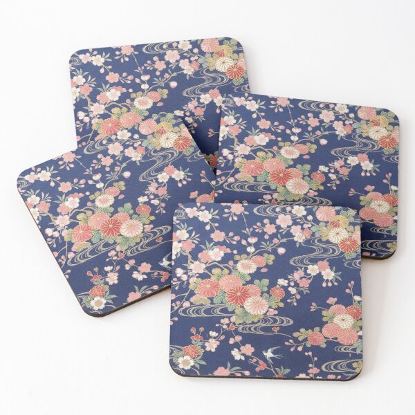 Item preview, Traditional Japanese Kimono Pattern with Cherry Blossoms, Chrysanthemums and Swallows on Indigo Blue designed and sold by Kokeshidreams.