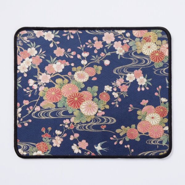 Item preview, Traditional Japanese Kimono Pattern with Cherry Blossoms, Chrysanthemums and Swallows on Indigo Blue designed and sold by Kokeshidreams.