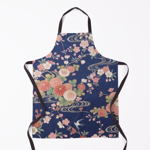 Item preview, Traditional Japanese Kimono Pattern with Cherry Blossoms, Chrysanthemums and Swallows on Indigo Blue designed and sold by Kokeshidreams.