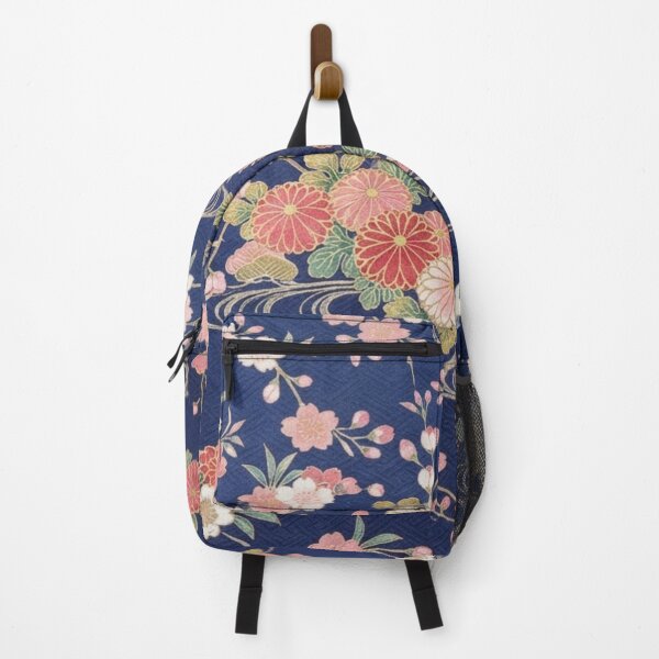 Item preview, Traditional Japanese Kimono Pattern with Cherry Blossoms, Chrysanthemums and Swallows on Indigo Blue designed and sold by Kokeshidreams.