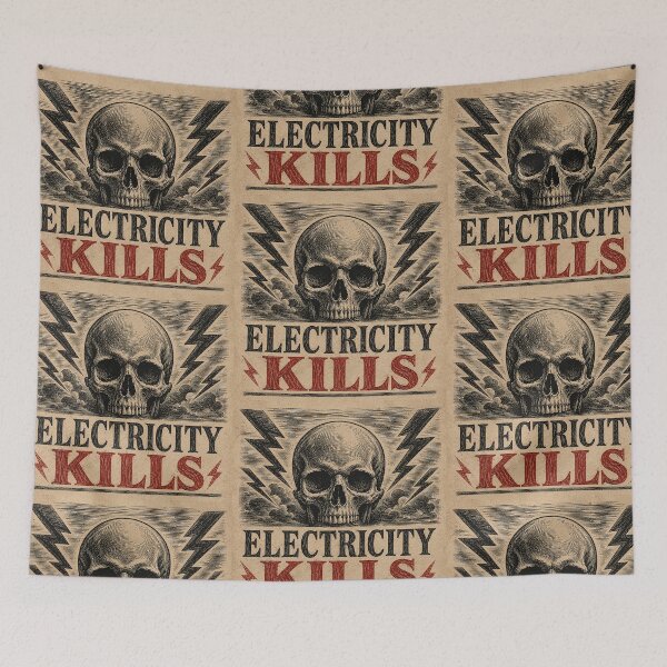 Item preview, Electricity Kills Vintage Skull Woodcut High Voltage Graphic Tee designed and sold by Abidel.