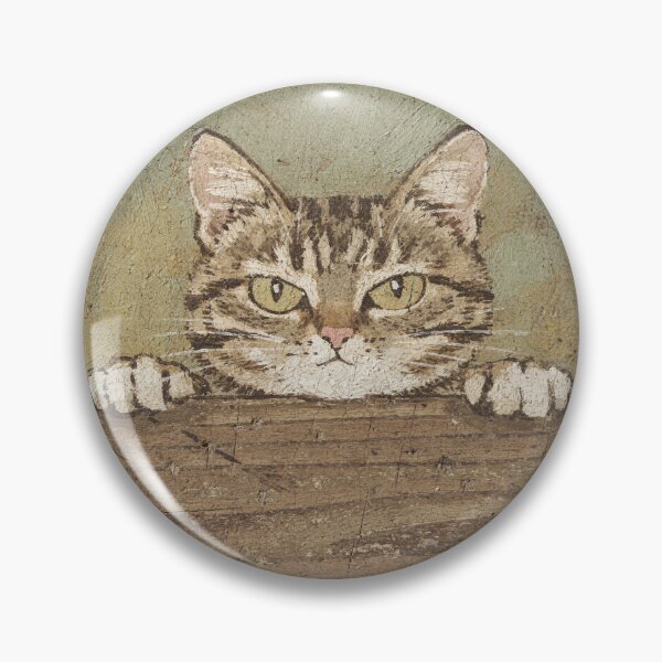 Artikelvorschau, Misstrauische getigerte Katze lugt über einen Vorsprung (Volkskunst) entworfen und verkauft von PictorialWhimsy.