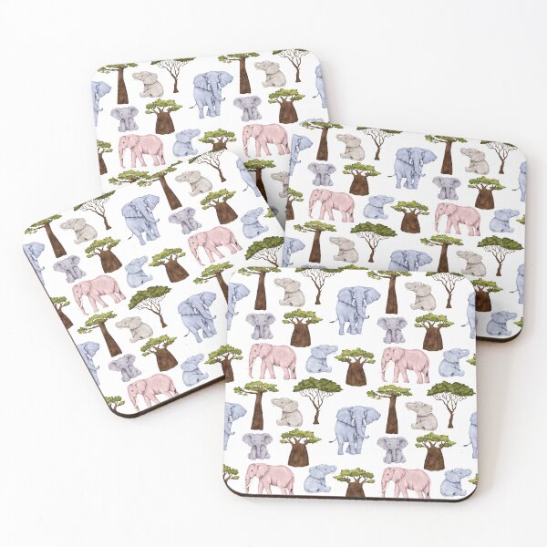 Item preview, Pink Blue and Grey Elephants with Trees Allover Pattern designed and sold by TeeGeeTees.