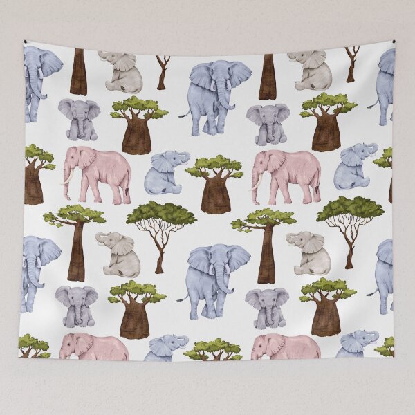 Item preview, Pink Blue and Grey Elephants with Trees Allover Pattern designed and sold by TeeGeeTees.