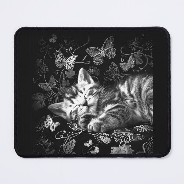 Item preview, Sleeping Tabby Kittens with Butterflies Monochrome Cozy Cat Art designed and sold by inkoutninja.