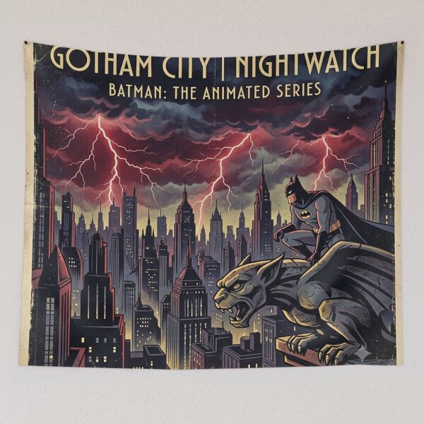 Item preview, Gotham City Nightwatch Vintage Poster | Deco Noir Superhero Inspired Wall Art | Retro Gothic Skyline Print designed and sold by lavanya11.