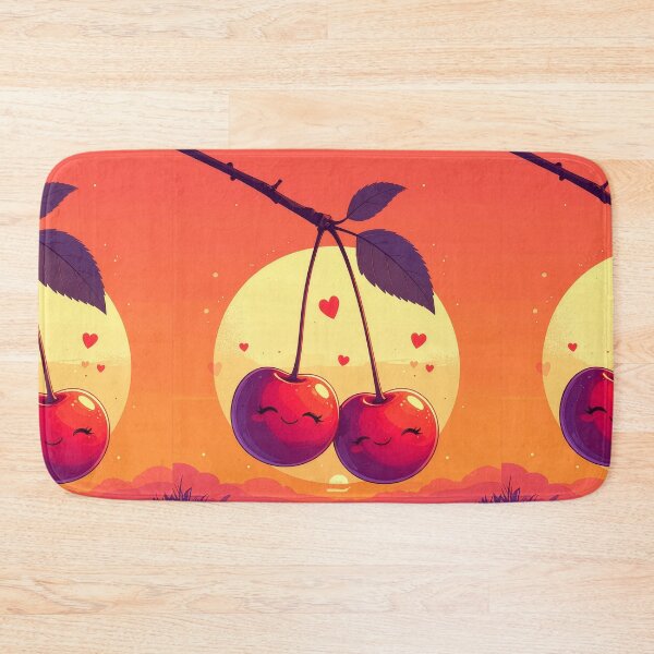 Artikelvorschau, Niedliches Kirschpaar, Kawaii-Fruchtkunst, Sonnenuntergang, Liebe, Valentinstag, bezaubernde Küchenwanddekoration, Druck entworfen und verkauft von icemanphotos.