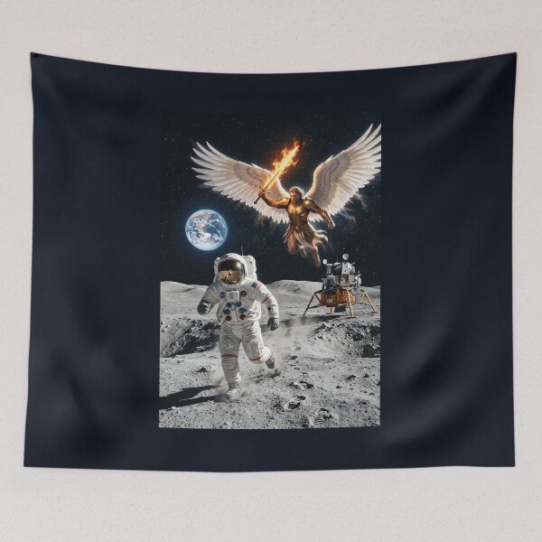 Item preview, NASA astronaut runs from warrior angel on the moon designed and sold by WiseBow.