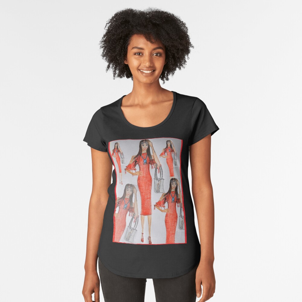 Fashion Illustration Lady in Red Premium Scoop T-Shirt