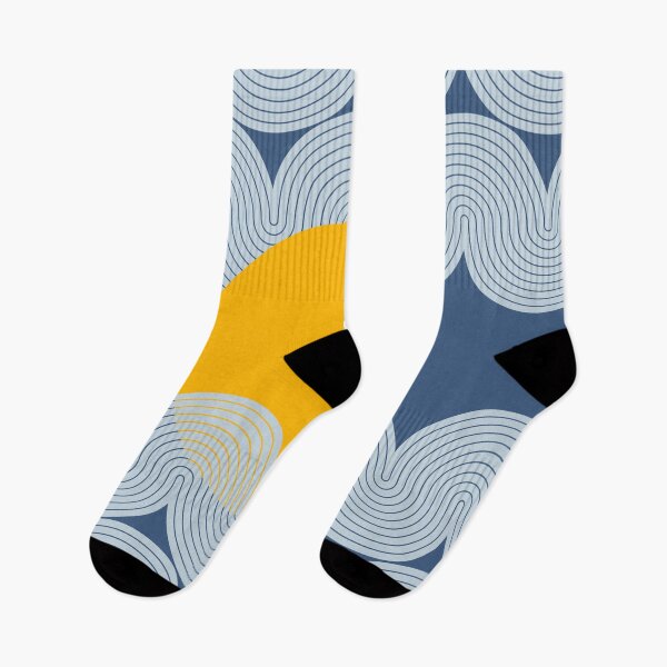 Item preview, Mid Century Modern Sun and Waves Geometric Abstract in Navy Blue and Mustard designed and sold by nineFlorals.