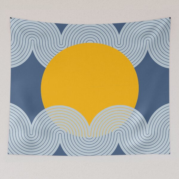 Item preview, Mid Century Modern Sun and Waves Geometric Abstract in Navy Blue and Mustard designed and sold by nineFlorals.