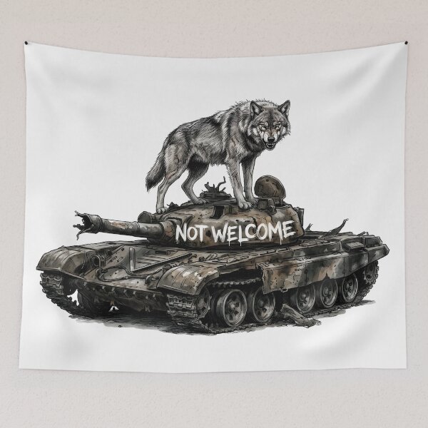 Item preview, Not Welcome - Fierce Defending Wolf on Destroyed Tank Art designed and sold by SoulPT.
