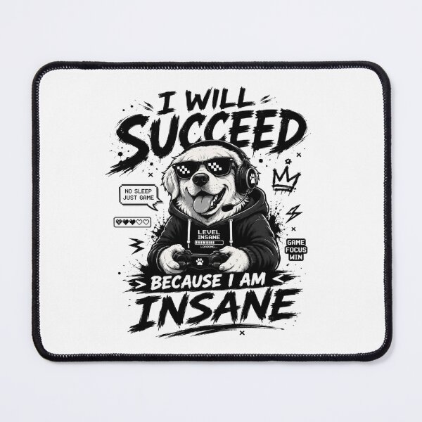 Item preview, I Will Succeed Because I Am Insane Gamer Dog T-Shirt – Funny Crazy Dog Sunglasses Meme Graphic Tee designed and sold by Artimax-Studio.