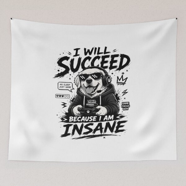Item preview, I Will Succeed Because I Am Insane Gamer Dog T-Shirt – Funny Crazy Dog Sunglasses Meme Graphic Tee designed and sold by Artimax-Studio.