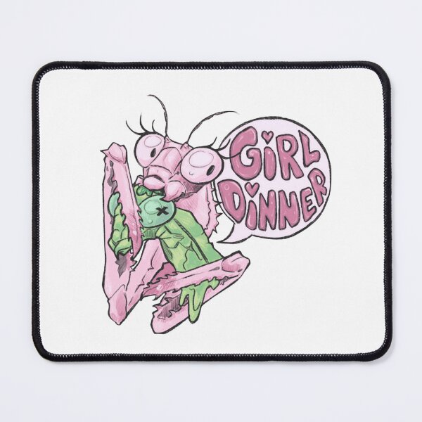 Item preview, Cartoon praying mantis holding food with humorous “Girl Dinner” text designed and sold by Davao-68Apple.