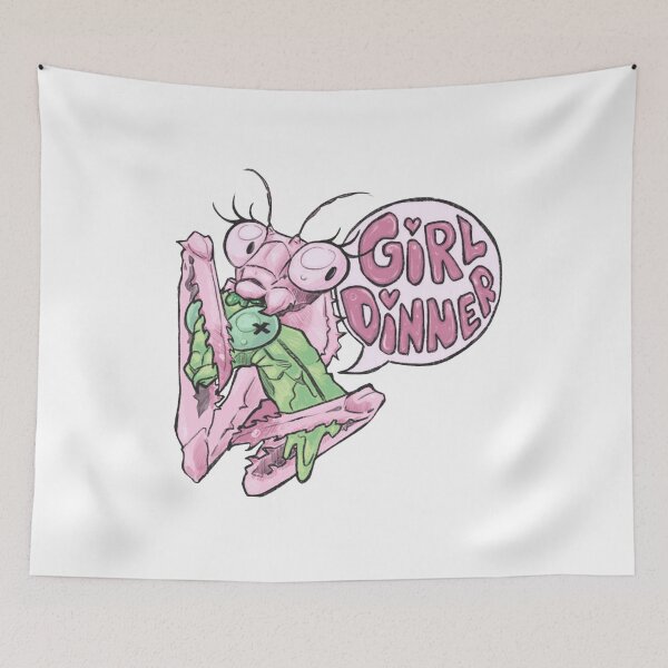 Item preview, Cartoon praying mantis holding food with humorous “Girl Dinner” text designed and sold by Davao-68Apple.