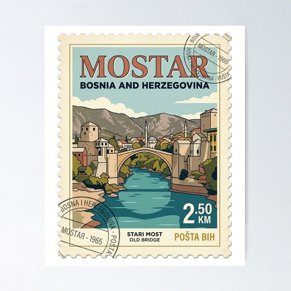 Item preview, Retro Mostar Bosnia Stari Most Travel Stamp designed and sold by k3rstman1.