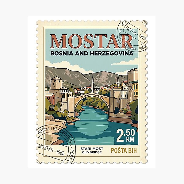 Item preview, Retro Mostar Bosnia Stari Most Travel Stamp designed and sold by k3rstman1.