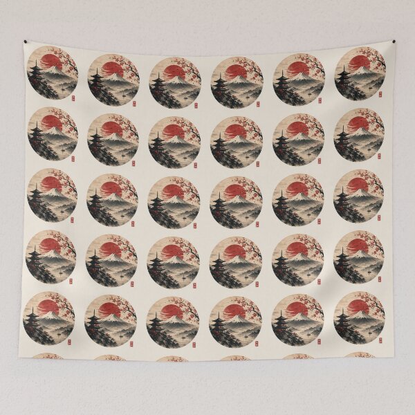 Item preview, Vintage Japanese Pagoda & Mount Fuji – Sakura Sunset Landscape designed and sold by Astravox.