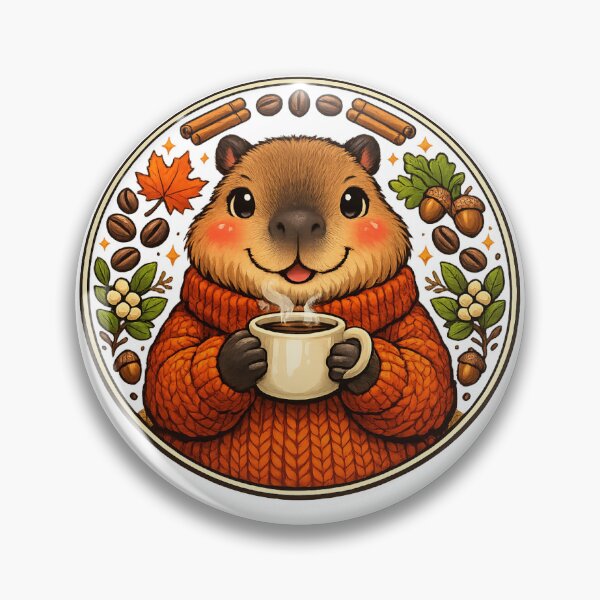 Item preview, Coffee Lover Capybara Badge | Cozy Autumn Emblem designed and sold by Cozy Art for Cozy Souls.