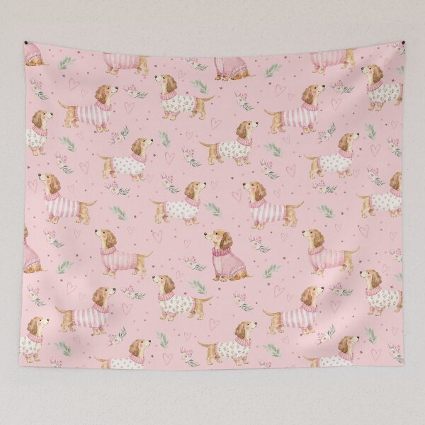 Item preview, Dachshund in Pink Sweater Watercolor | Sausage Dog Lover | Floral Puppy Pattern | Doxie Gift | Cottagecore Dog Design designed and sold by PaperyAndInk.