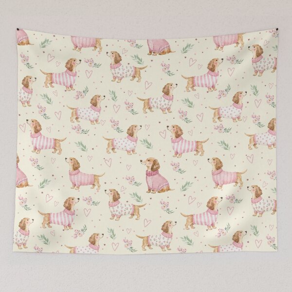 Item preview, Cute Dachshund in Pink Sweater Watercolor | Sausage Dog Lover | Floral Puppy Pattern | Doxie Gift | Cottagecore Dog Design designed and sold by PaperyAndInk.