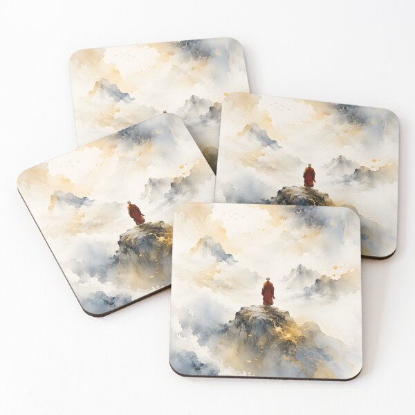 Item preview, The Path to Stillness – Golden Zen Watercolor Landscape with Monk designed and sold by bauschberts.