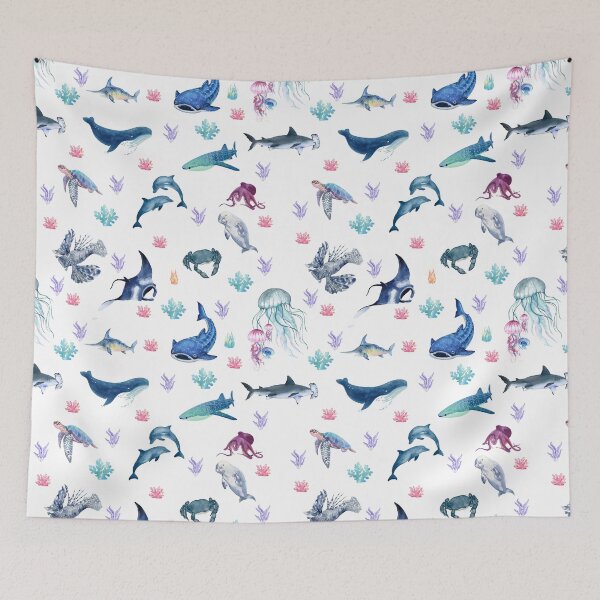 Item preview, Ocean Animals Watercolor Pattern | Whale Shark Dolphin Turtle Jellyfish Seamless Pattern | Coastal Phone Case, Mug, Notebook, Tote Bag designed and sold by PaperyAndInk.