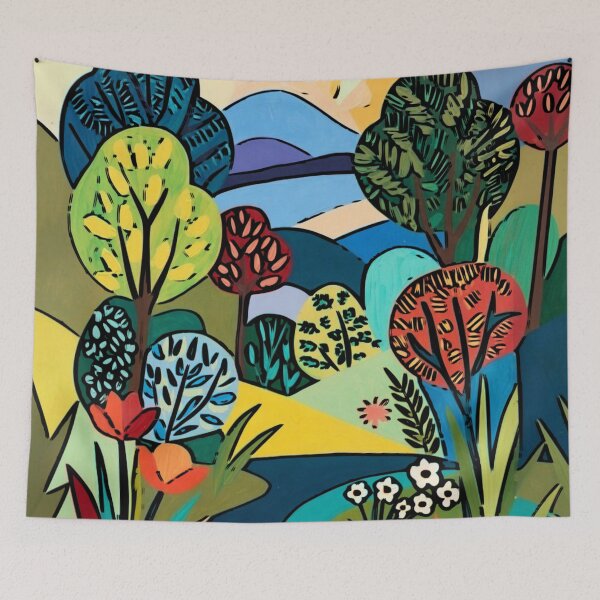 Item preview, Whimsical Graphic Folk Art Trees Mountain Landscape designed and sold by Nexus Space.