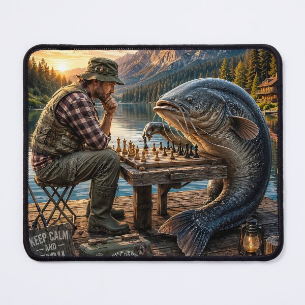 Item preview, Fisherman Playing Chess with a Giant Catfish designed and sold by RabeART.