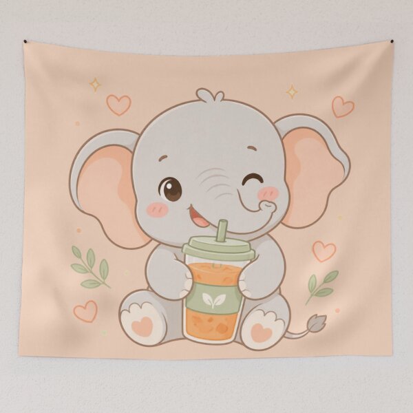 Item preview, Happy Elephant with Drink – Cozy Pastel Friend minimalist design designed and sold by CosmicQuietStudio.