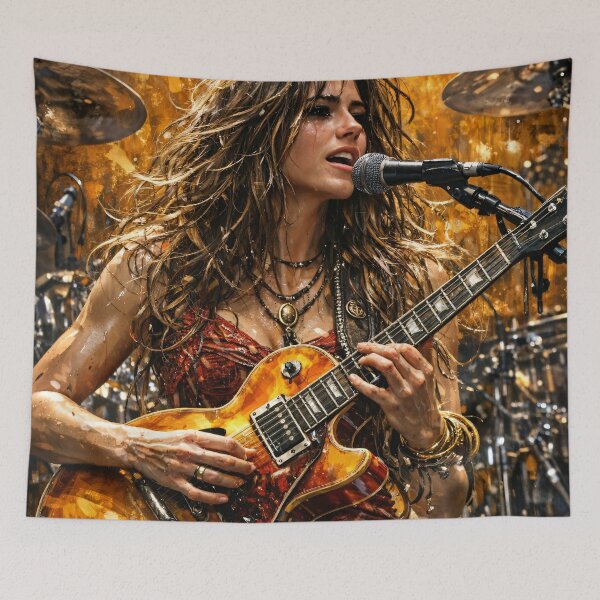 Item preview, Female Rock Guitarist Live Performance – Fiery Music Concert Art Print designed and sold by Kaleidoscope Print.