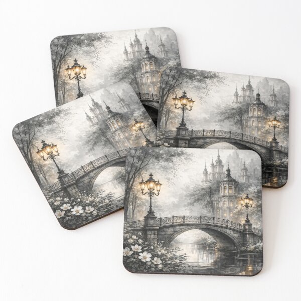 Item preview, Misty Gothic Bridge with Glowing Lanterns – Romantic Monochrome Fantasy Landscape Print designed and sold by Kaleidoscope Print.