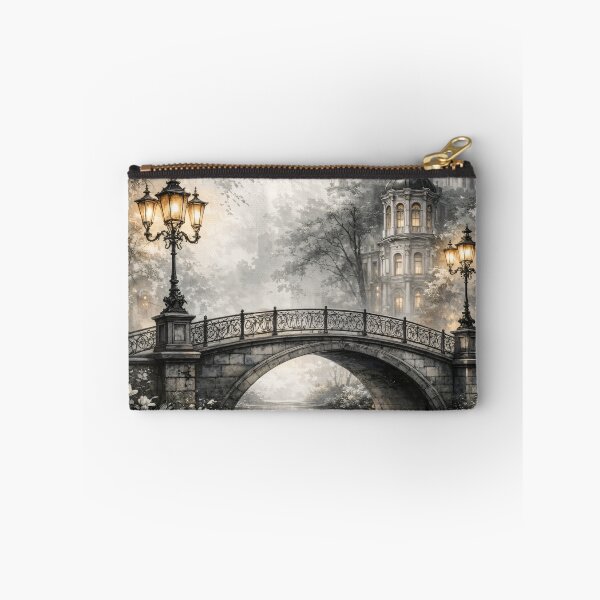Item preview, Misty Gothic Bridge with Glowing Lanterns – Romantic Monochrome Fantasy Landscape Print designed and sold by Kaleidoscope Print.