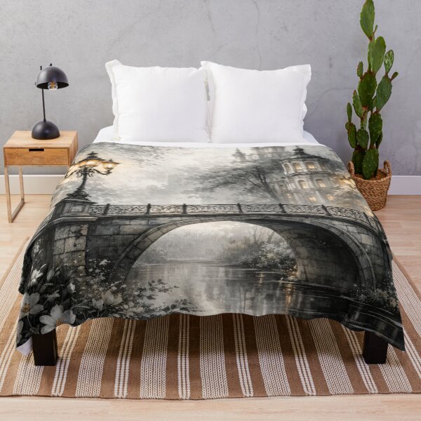 Item preview, Misty Gothic Bridge with Glowing Lanterns – Romantic Monochrome Fantasy Landscape Print designed and sold by Kaleidoscope Print.
