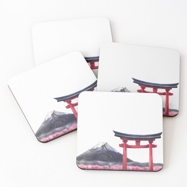 Item preview, Mount Fuji, Torii gate and blooming pink sakura landscape. Hand painted watercolor designed and sold by BartolArt.