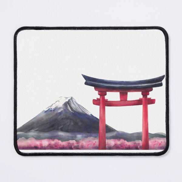 Item preview, Mount Fuji, Torii gate and blooming pink sakura landscape. Hand painted watercolor designed and sold by BartolArt.
