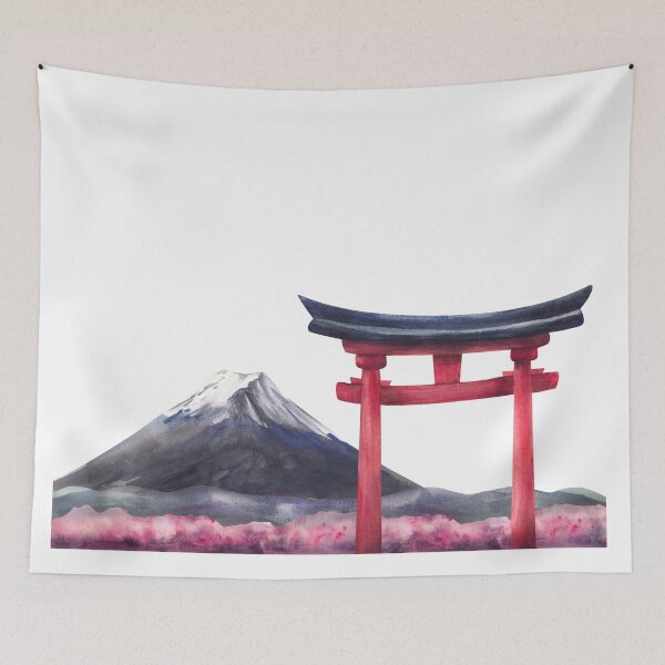 Item preview, Mount Fuji, Torii gate and blooming pink sakura landscape. Hand painted watercolor designed and sold by BartolArt.
