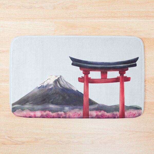 Item preview, Mount Fuji, Torii gate and blooming pink sakura landscape. Hand painted watercolor designed and sold by BartolArt.