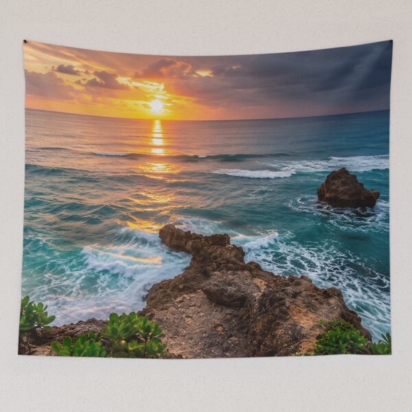 Item preview, Golden Sunset Coastal Cliffs and Turquoise Ocean Waves Landscape designed and sold by Wild Bloom Paws.