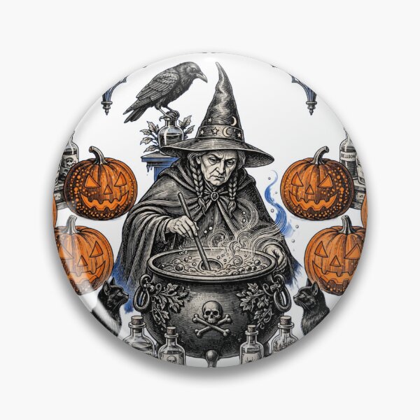 Item preview, The Witch's Potion - Vintage Halloween Engraving with Pumpkins & Cats designed and sold by BloopyWorks.