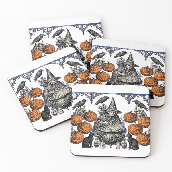Item preview, The Witch's Potion - Vintage Halloween Engraving with Pumpkins & Cats designed and sold by BloopyWorks.