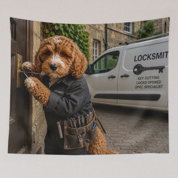 Item preview, Locksmith Cockapoo at Work, Lock Picking and Door Repair Scene designed and sold by Paul Thompson Photography.