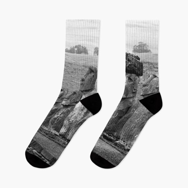 Item preview, Moai ancent Easter Island statues black and white landscape photographic art print designed and sold by Astrid Arkhangelsky.