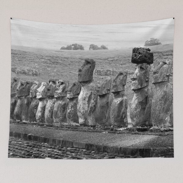Item preview, Moai ancent Easter Island statues black and white landscape photographic art print designed and sold by Astrid Arkhangelsky.