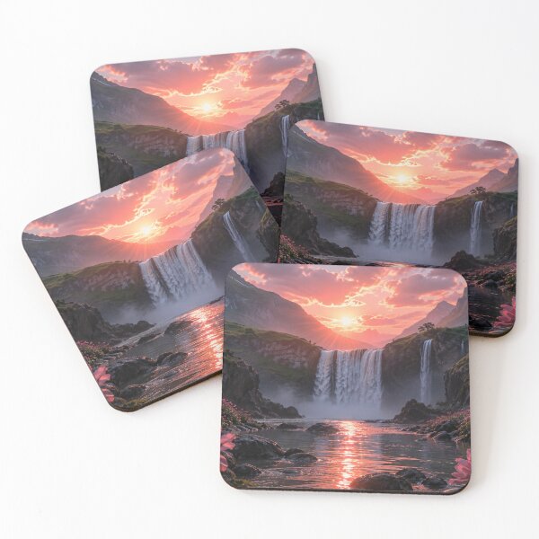 Item preview, Mountain Waterfall at Sunset with Pink Blossoms and Reflective River designed and sold by Wild Bloom Paws.