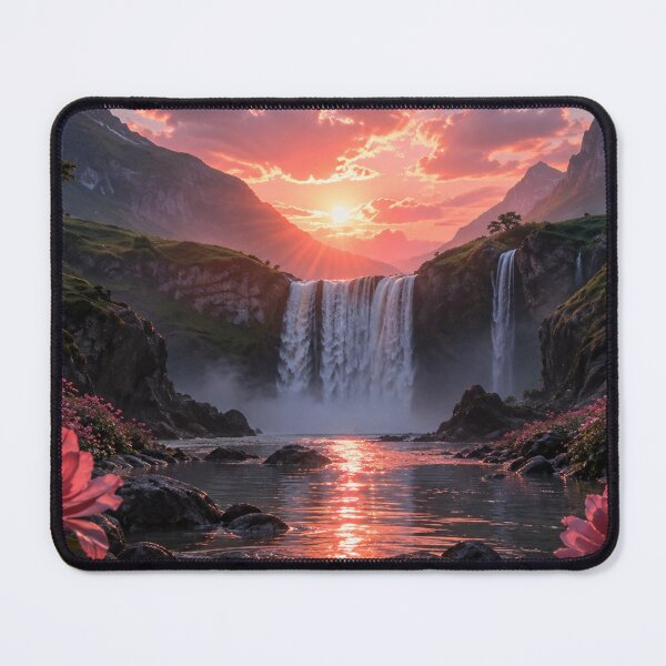Item preview, Mountain Waterfall at Sunset with Pink Blossoms and Reflective River designed and sold by Wild Bloom Paws.