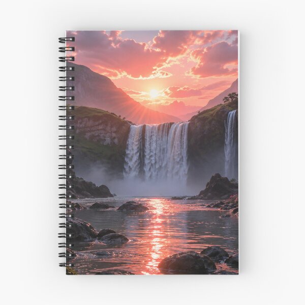 Item preview, Mountain Waterfall at Sunset with Pink Blossoms and Reflective River designed and sold by Wild Bloom Paws.